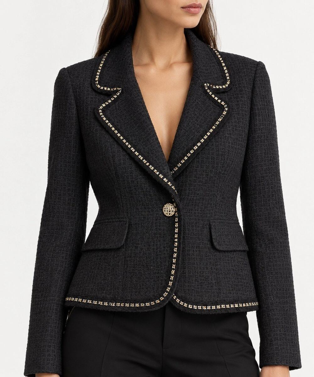 St. John Charcoal Black Wool Blend Chain Trim Knit Blazer Jacket Size 16